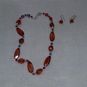 Elegant Brown and Red Beaded Necklace and Earring Set